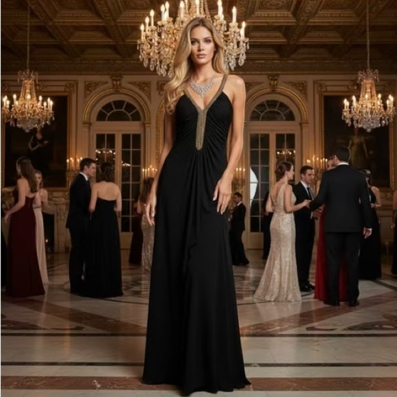 JS Boutique Elegant Black and Gold Evening Gown 10 - Picture 1 of 7